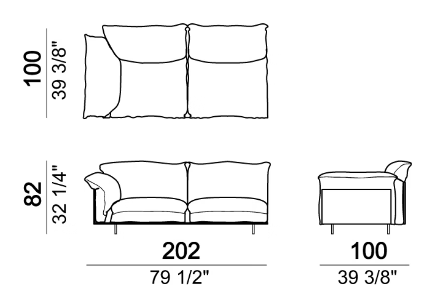 Wideboy Sofa by Arketipo, size drawing: Right or left unit, right or left corner unit, back cushions 95 cm