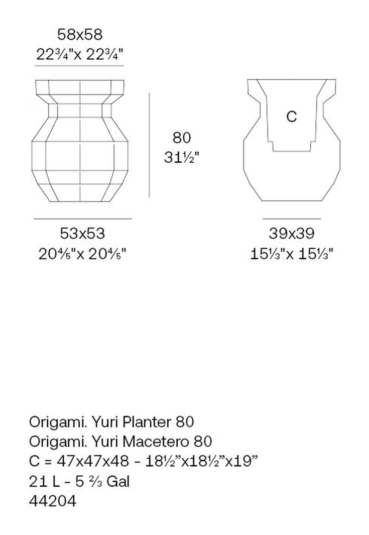 Yuri Planter by Vondom, size drawing