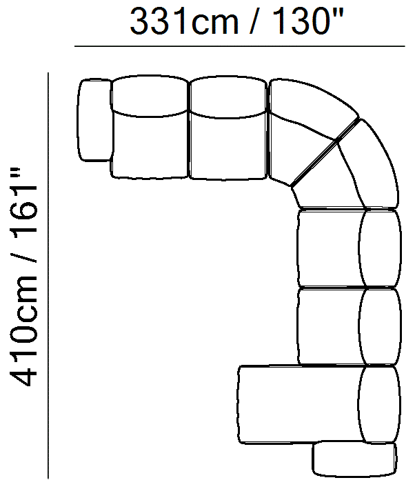 Colle Sectional by Natuzzi Italia: Modular sofa with chaise lounge, outline drawing with sizes