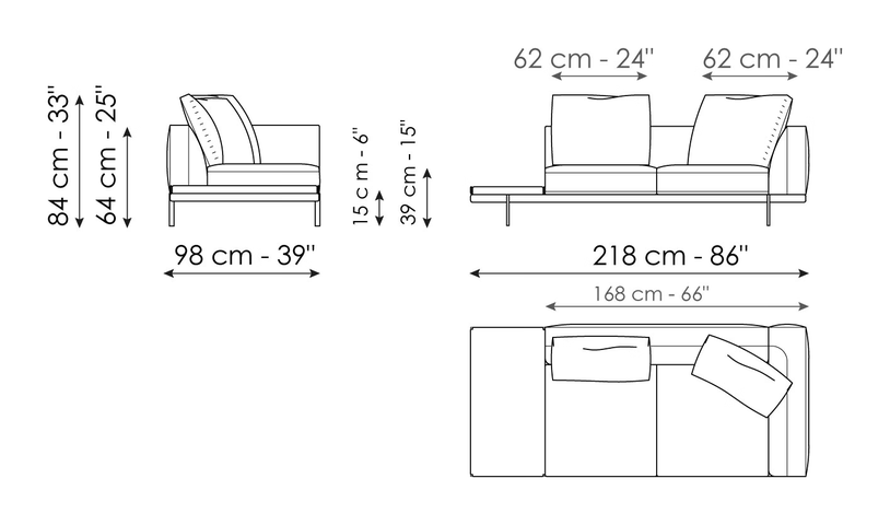 Phil Sofa by Bonaldo, size drawing: End section sofa with tray 218