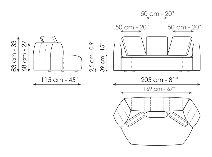 Panorama New Sofa by Bonaldo, size drawing: Sofa 205