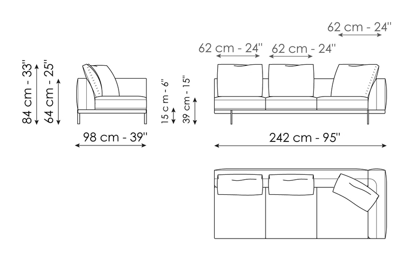 Phil Sofa by Bonaldo, size drawing: End section sofa 242