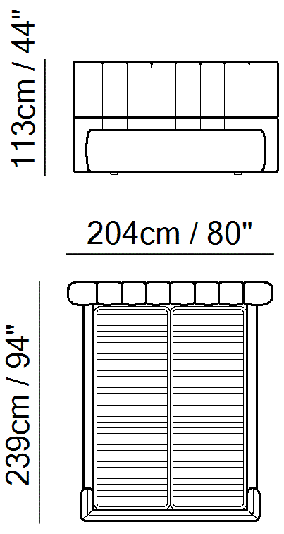 Briq Bed by Natuzzi Italia: Bed with split mesh 152X203, outline drawing with sizes
