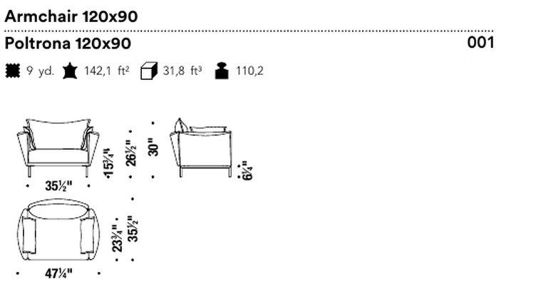 Gentry Armchair by Moroso, size drawing: Armchair 120x90