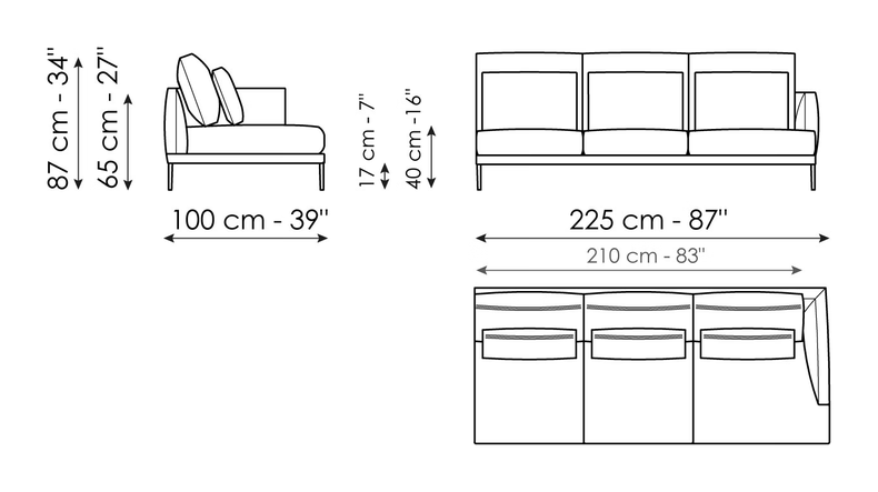 Paraiso Sofa by Bonaldo, size drawing: End section sofa 225 - 3 seats