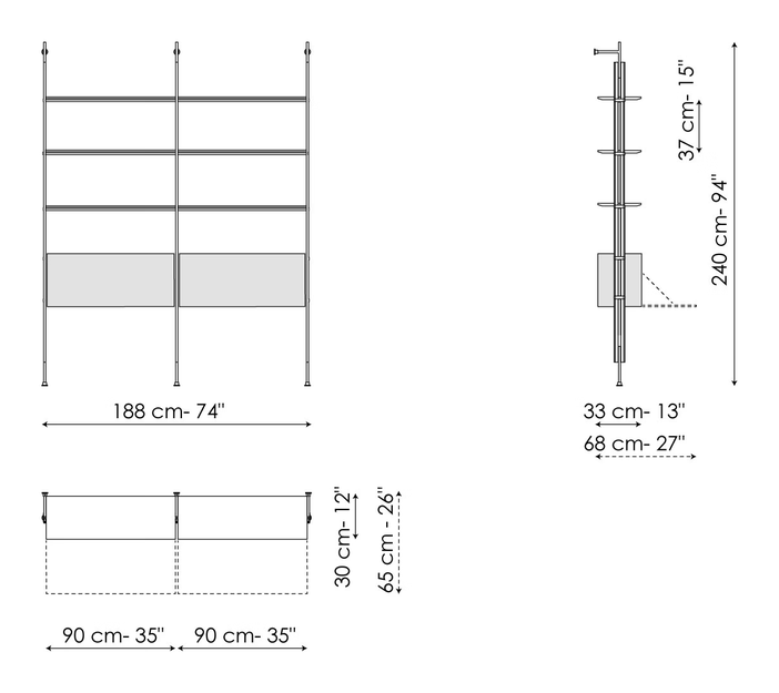 Roll Bookshelf by Bonaldo, size drawing: Wall fixing 2 modules
