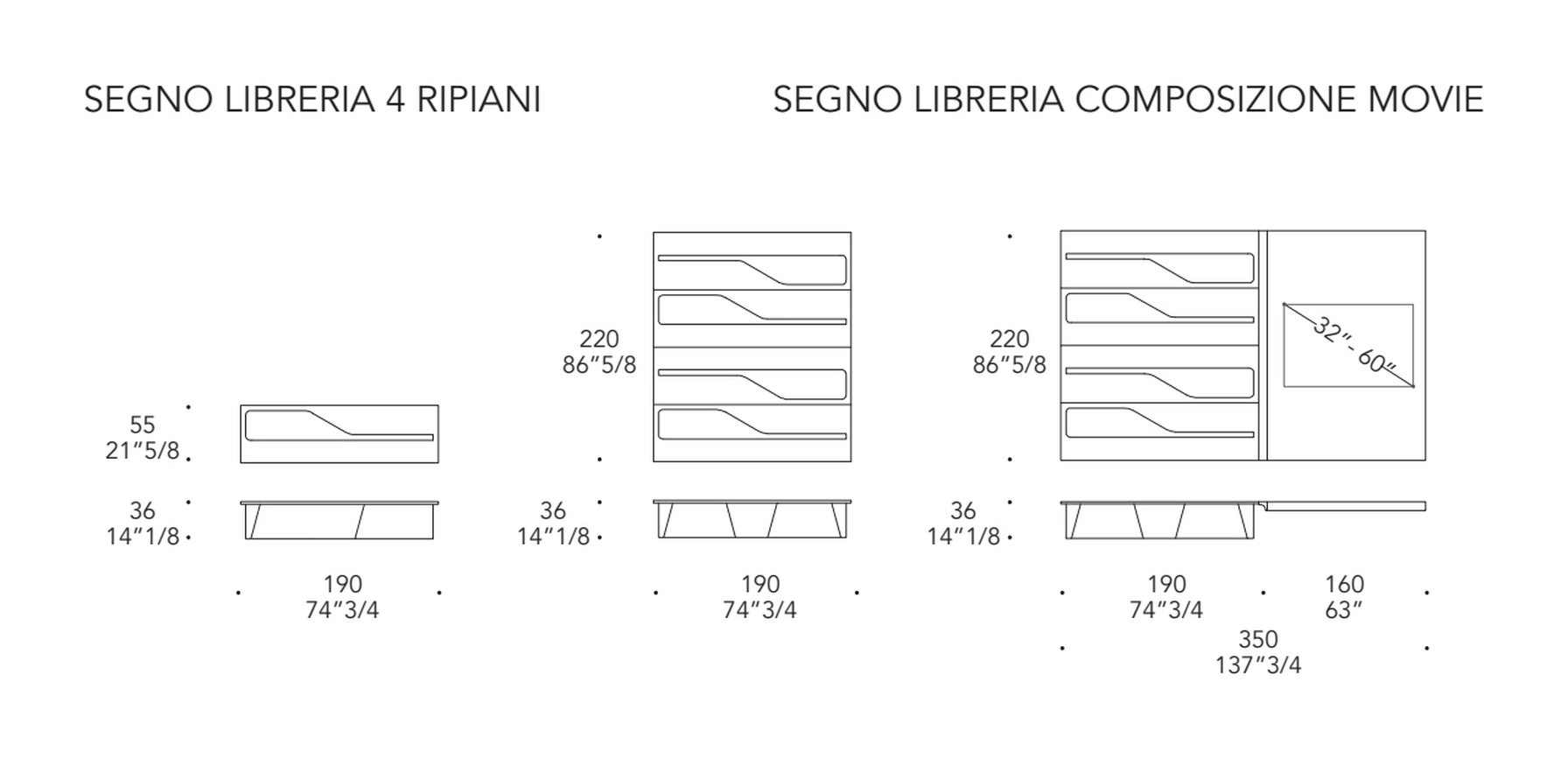 Segno Bookshelf by Reflex, size drawing