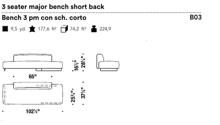 Loveland Sofa by Moroso, size drawing: 3 seater major bench short back