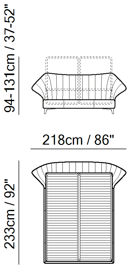 Cala Bed by Natuzzi Italia: Bed secret box mesh 152x203, outline drawing with sizes