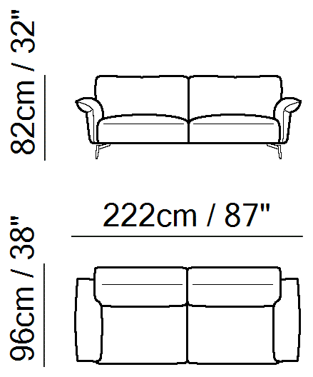 Milano Sectional by Natuzzi Italia: Three-seater sofa, outline drawing with sizes
