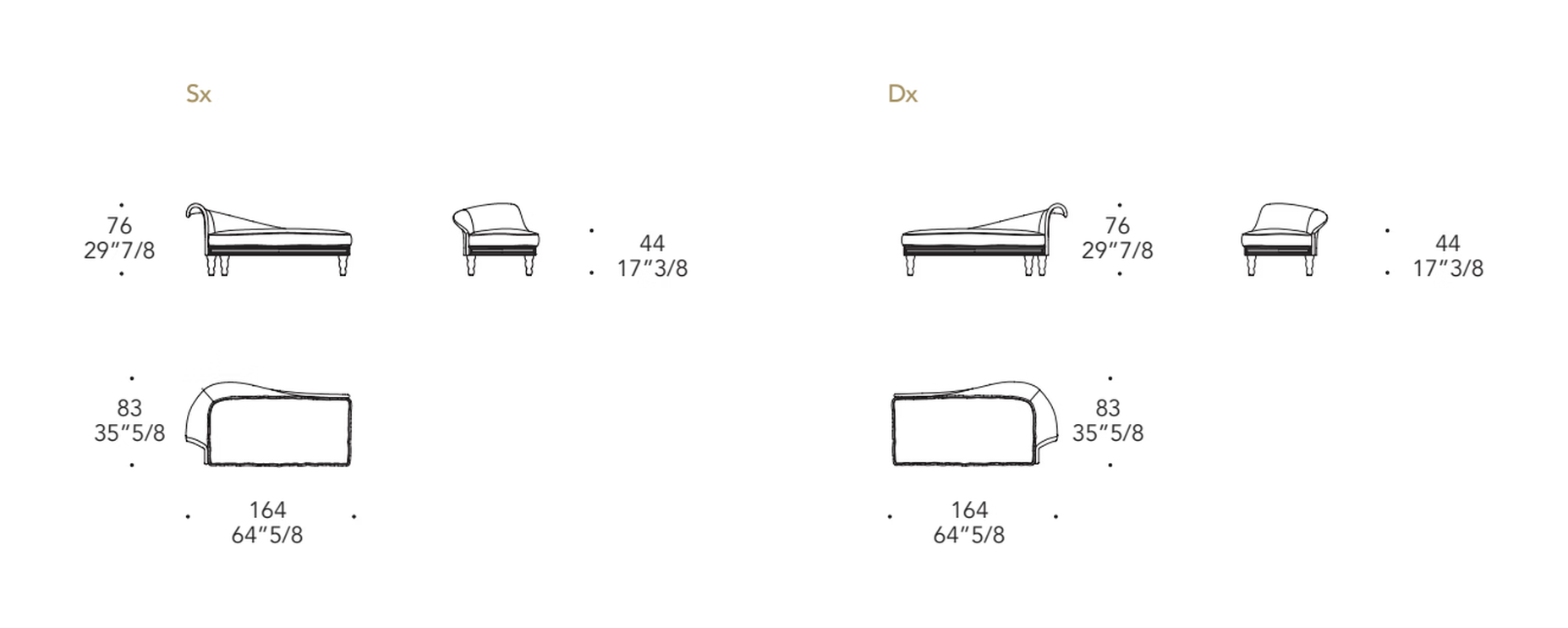 Casanova Triclinio Chaise Lounge by Reflex, size drawing