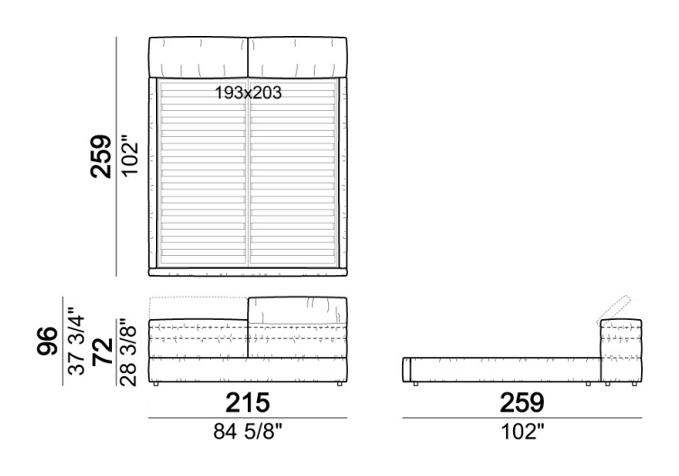 Mayfair Dream Bed by Arketipo, size drawing: Bed