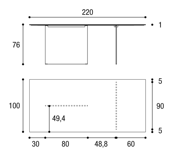 Stratum Dining Table by Lago, size drawing: 2470