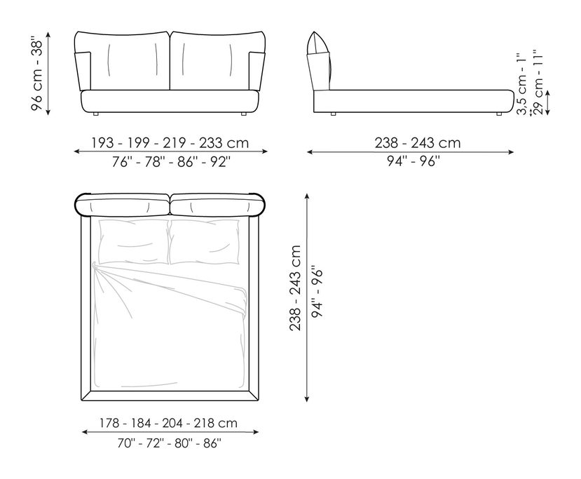 Blend Bed by Bonaldo, size drawing: Blend bed plus