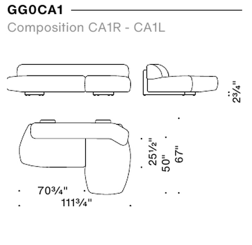 Gogan Sofa by Moroso, size drawing: Composition CA1R - CA1L