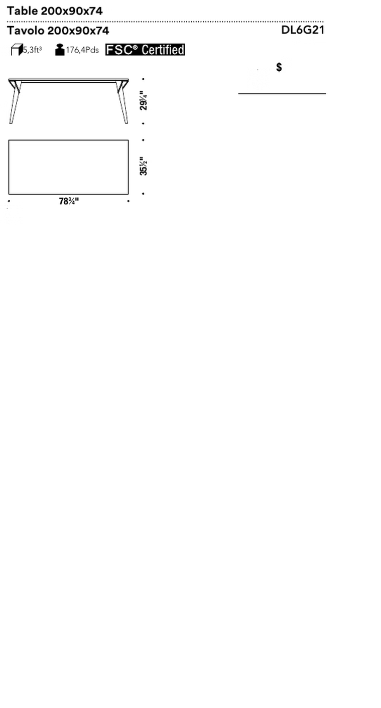 Overdyed Dining Table by Moroso, size drawing: Table 200x90x74