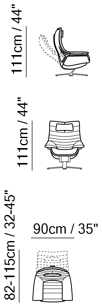 Re-Vive Lounge Recliner by Natuzzi Italia: Re-Vive armchair with headrest, outline drawing with sizes