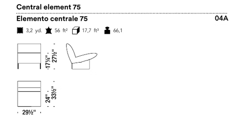Serpentine Seating System by Moroso, size drawing: Central element 75