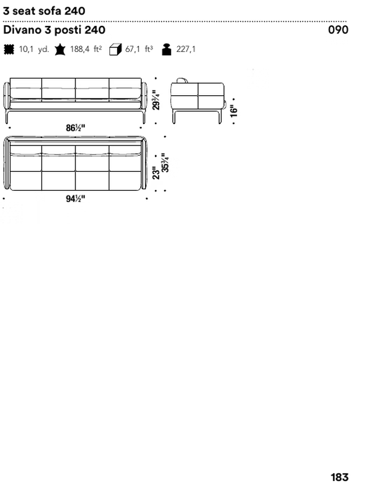 Modernista Sofa by Moroso, size drawing: 3 seat sofa 240
