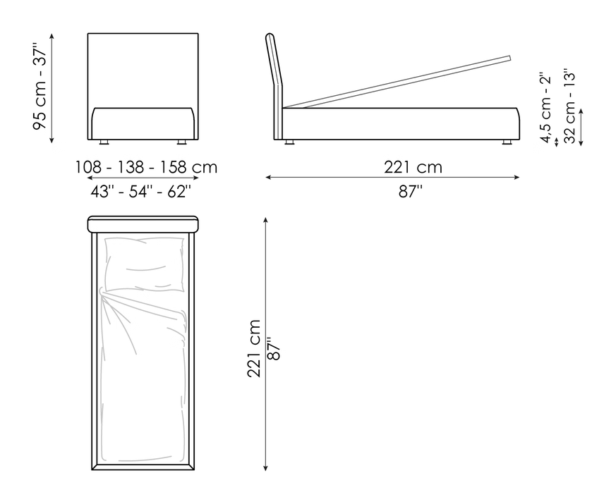 Tonight Single Bed by Bonaldo, size drawing: Tonight open