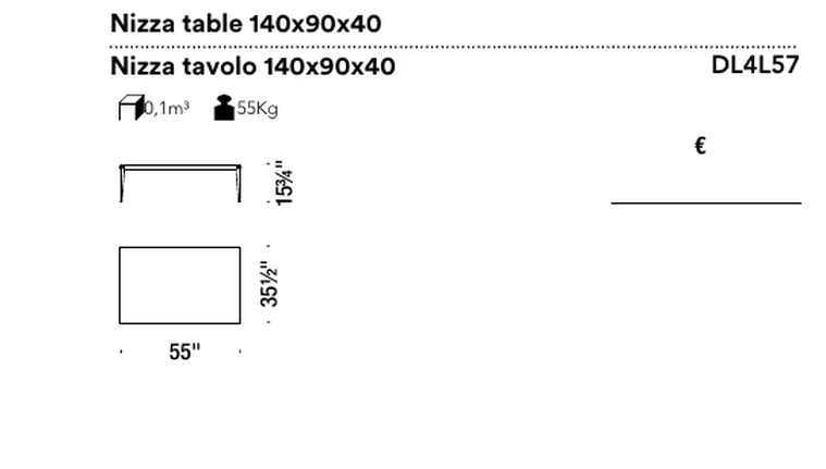 Nizza Table by Moroso, size drawing: Nizza table 140x90x40