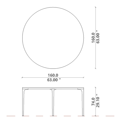 Soul Dining Table by Talenti, size drawing: Ø 160 × H 74