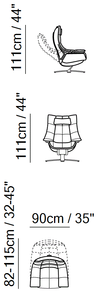 Re-Vive Quilted Recliner by Natuzzi Italia: Re-Vive armchair with headrest, outline drawing with sizes