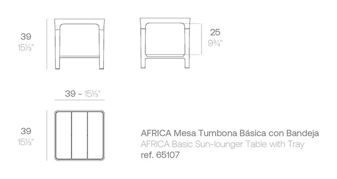 Africa Sun-Lounger Table With Tray by Vondom, size drawing