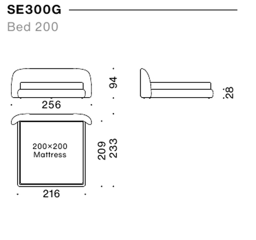 Sedona Edge Bed by Moroso, size drawing: Bed 200