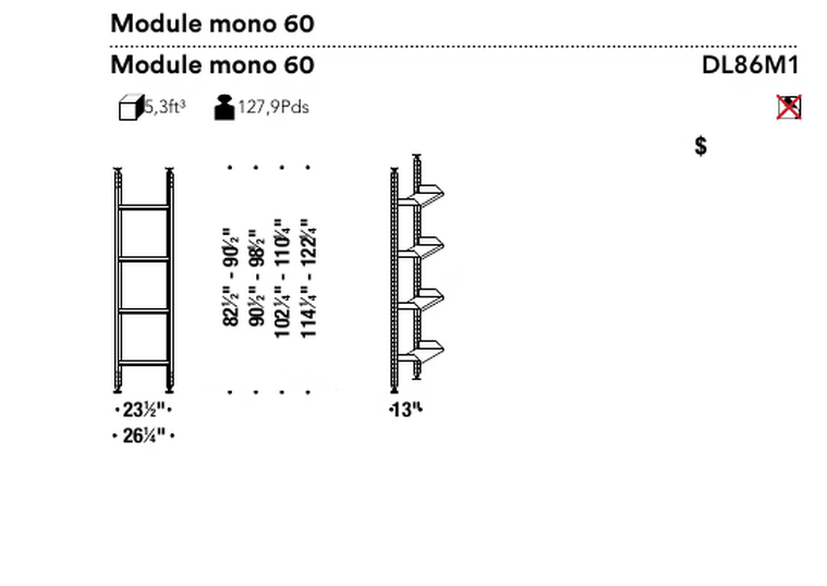 Mecano Bookcase by Moroso, size drawing: Module mono 60