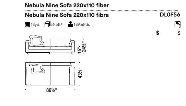 Nebula Nine Sofa by Moroso, size drawing: Nebula Nine Sofa 220x110 fiber