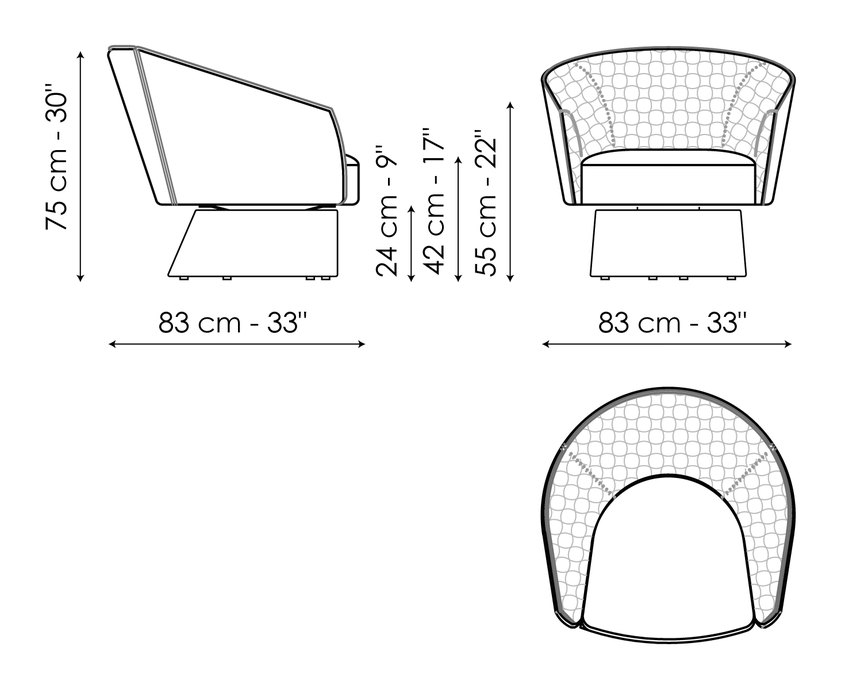 Bruno Armchair by Bonaldo, size drawing: Bruno ego - covered base