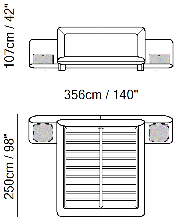 Flow Bed by Natuzzi Italia: Bed with electric slats mechanism 180X200 with boiserie, outline drawing with sizes