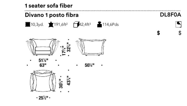 Cloudscape Sofa by Moroso, size drawing: 1 seater sofa fiber