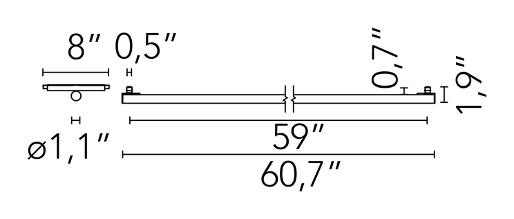 Infra-Structure Lighting System by Flos, size drawing: Blind Tube 1500 mm
