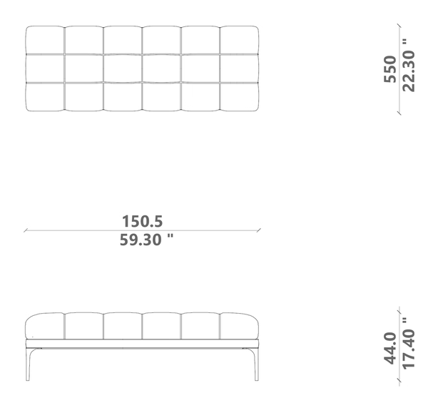 Soul Bench by Talenti, size drawing: 150 × 55
