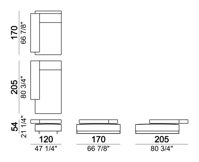 Loft Sofa by Arketipo, size drawing: Chaise-longue with right or left short arm