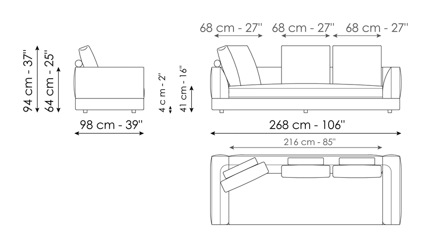 Liam Sofa by Bonaldo, size drawing: Sofa 268