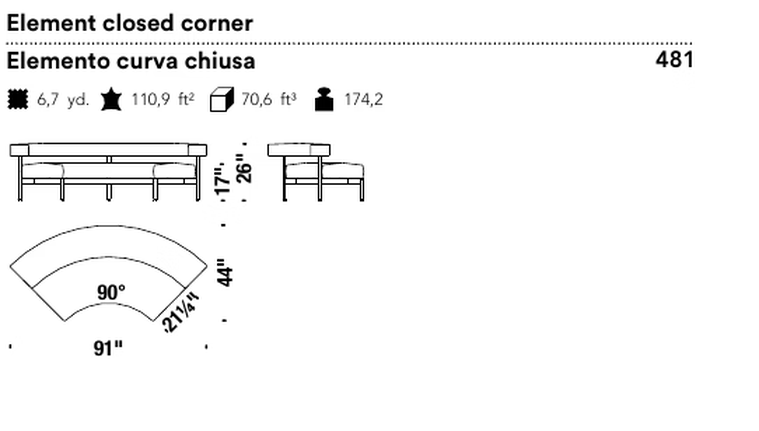 Freeflow Seating System by Moroso, size drawing: Element closed corner