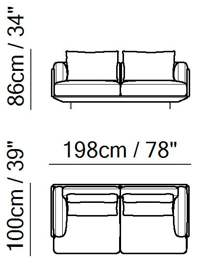 Campus Sectional by Natuzzi Italia: Two-and-a-half-seater sofa, outline drawing with sizes