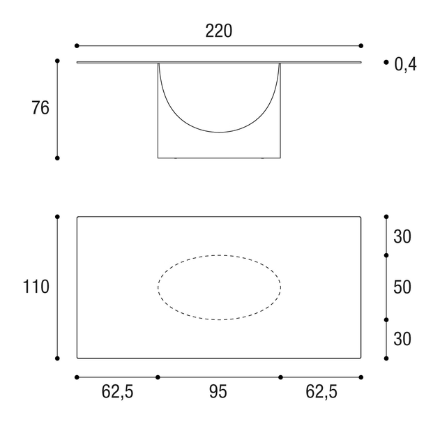 U Dining Table by Lago, size drawing: 2490W