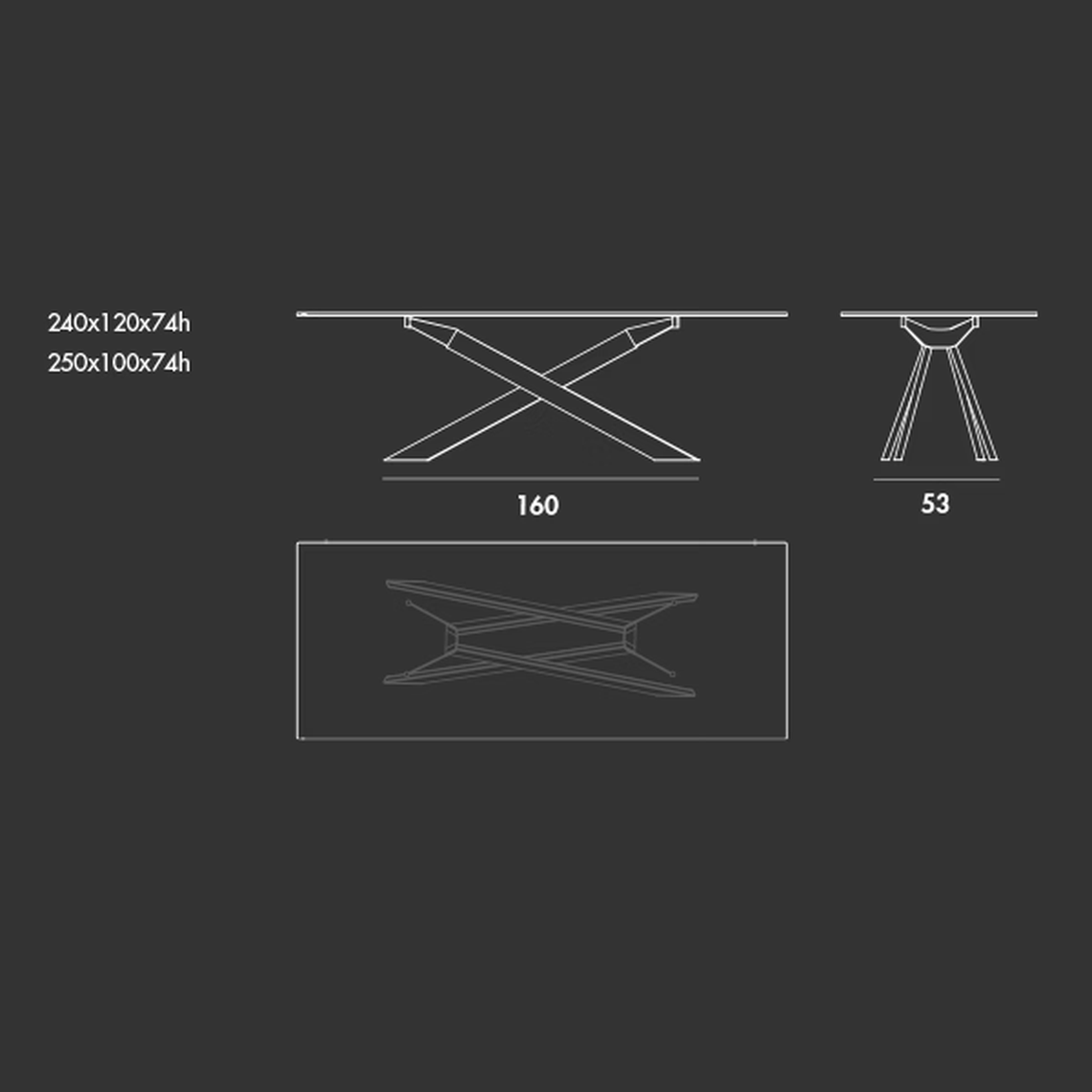 Cross Table by Sovet, size drawing: Rectangular