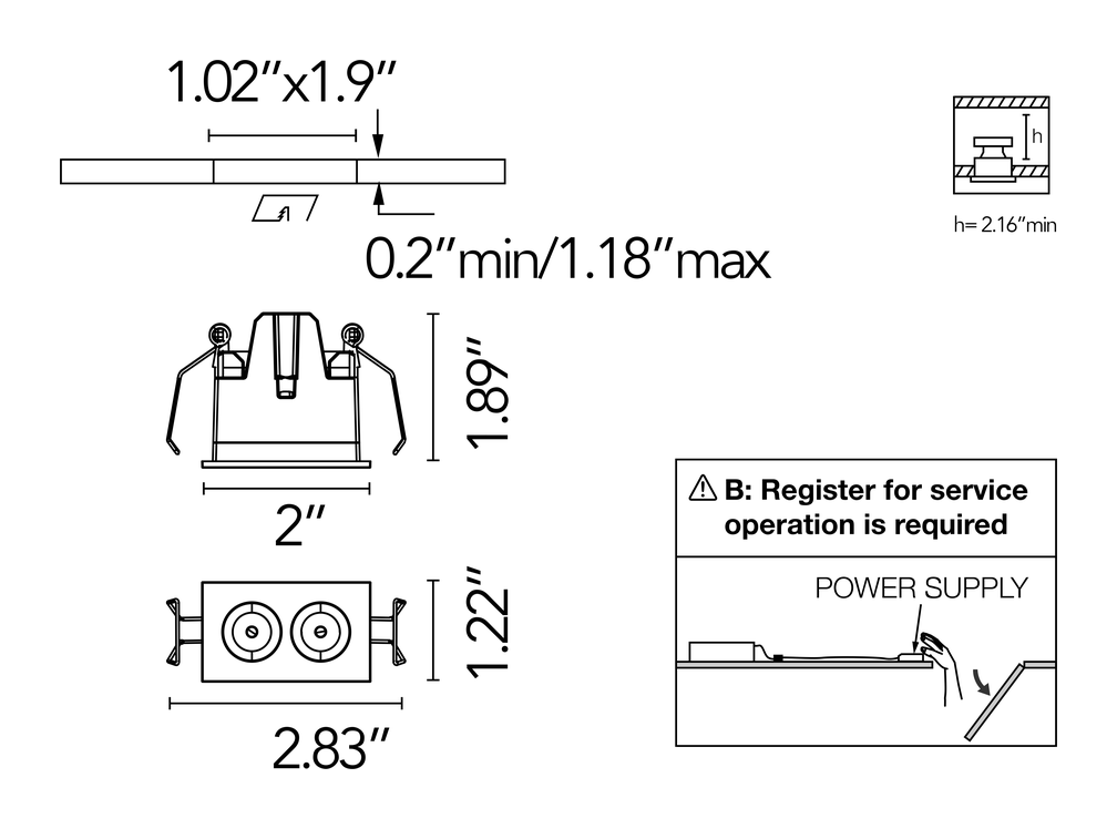 Light Shadow Mini Trim Downlight by Flos, size drawing: Light Shadow Mini Fixed Trim 2 Spots