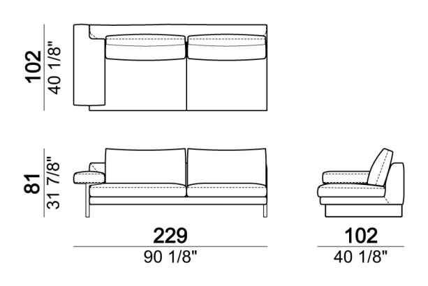 Ego Sofa by Arketipo, size drawing: Right or left unit