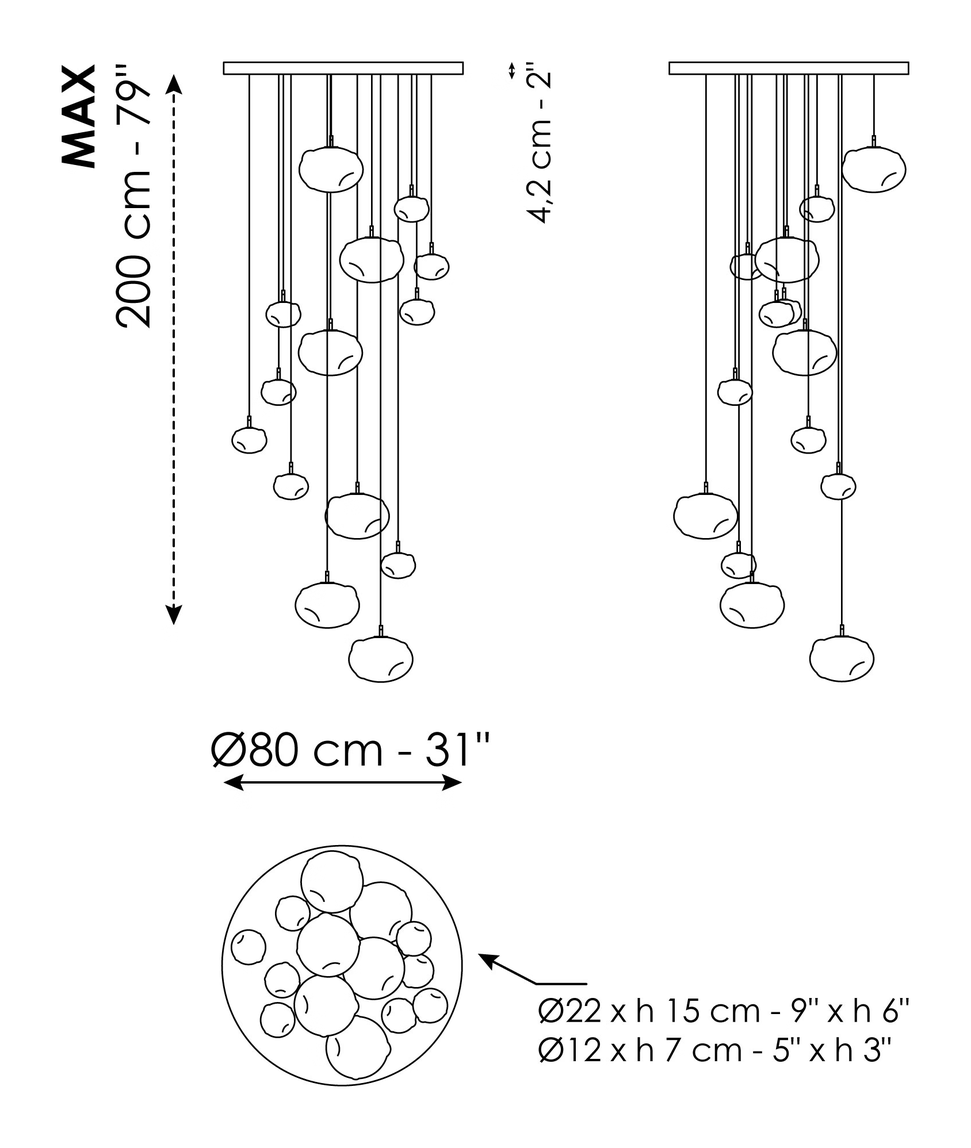 Pepita Pendant by Bonaldo, size drawing: Pepita - 14 lights