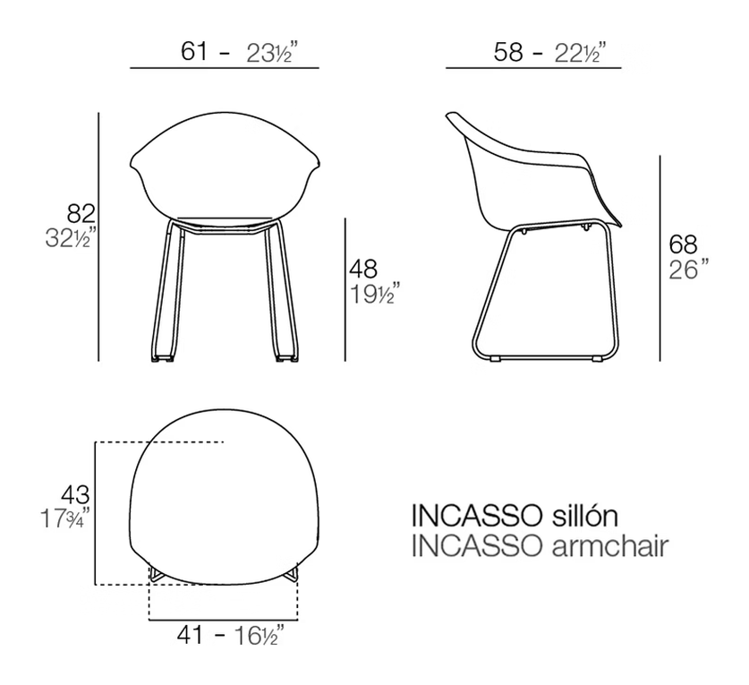 Incasso Armchair by Vondom, size drawing