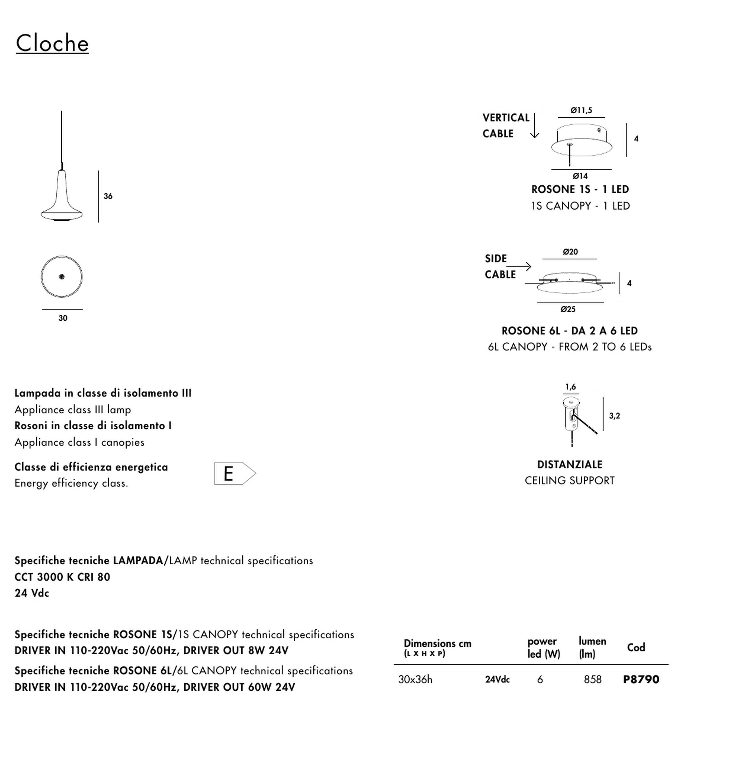 Cloche Pendant Lamp by Sovet, size drawing: Lamp, canopies and ceiling support