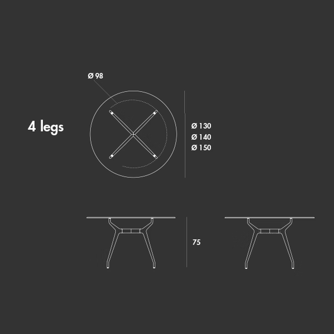 Arkos Round Table by Sovet, size drawing: 4 legs