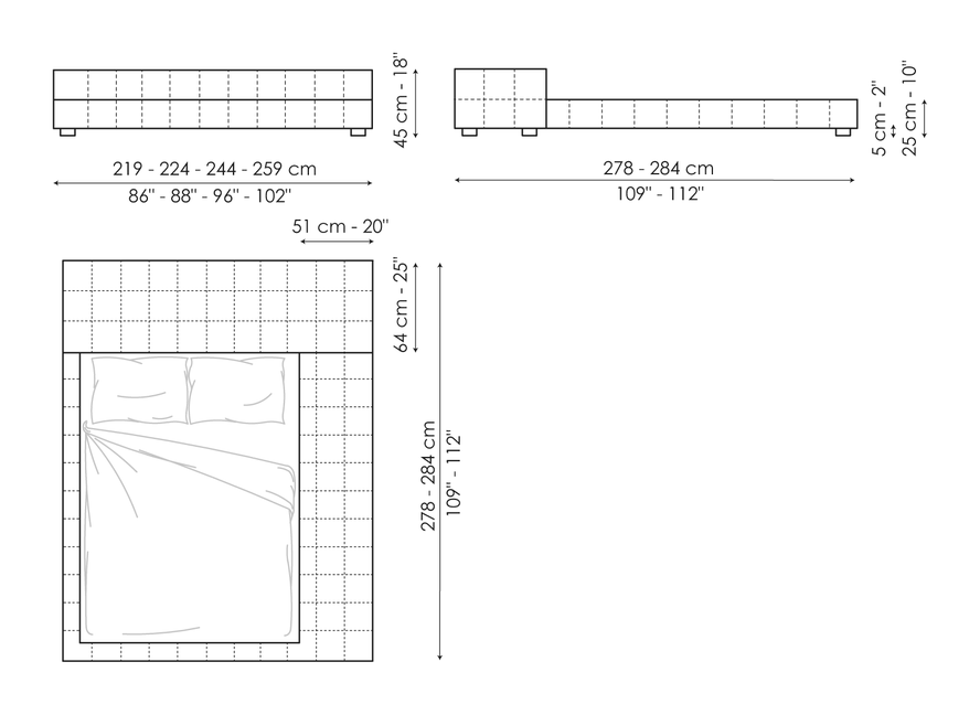 Squaring Double Bed by Bonaldo, size drawing: Squaring penisola variante B
