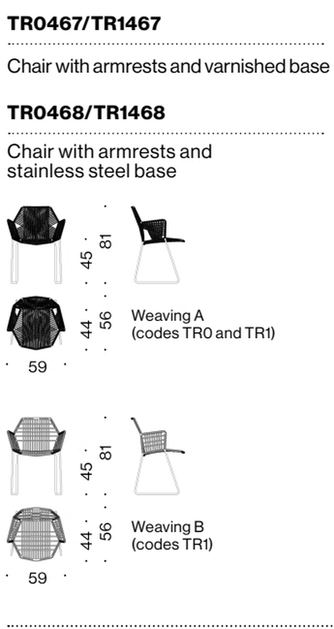 Tropicalia Chair by Moroso, size drawing: Chair with armrests